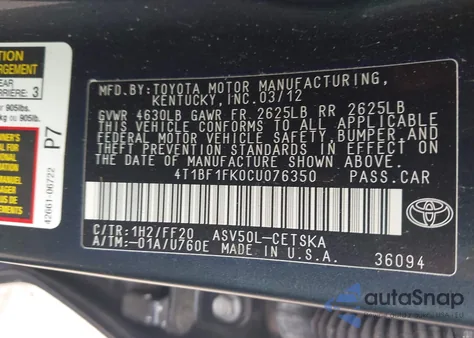 2012 Toyota Camry Se from USA, damaged, VIN 4T1BF1FK0CU076350